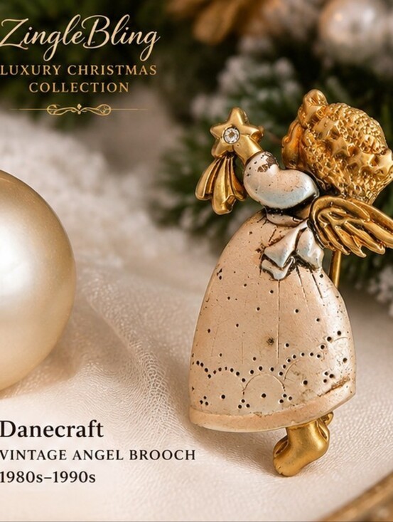 Danecraft Jewelry - Vintage Danecraft Angel Brooch Gold Tone Cream Enamel Christmas Pin Signed